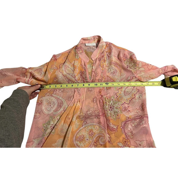 Susan‎ Graver Tunic Blouse Women Size XXS Pink Sheer Paisley Chiffon Peasant - Picture 7 of 10